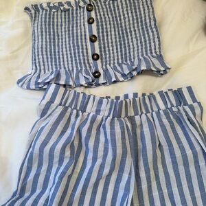 Blue and White Striped Women's Two-Piece Set